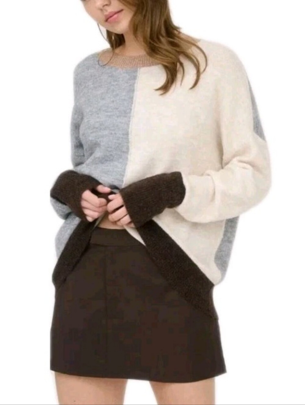 The Workshop Size Medium Gray Colorblock Front Seam Long Sleeve Knit Sweater